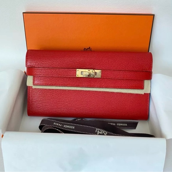 Hermès Kelly Long WALLET Rouge Tomate Gold Hardware GHW Red Chèvre Leather - Picture 1 of 16